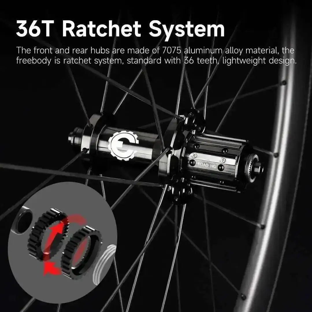 ELITEWHEELS Carbon Wheels 700c Road Bike 3K Twill Brake Surface Clincher Tubeless Ratchet System 36T Straight Pull Hub SLR