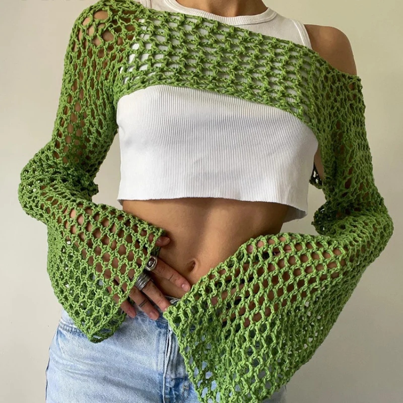 

Summer Green Long Sleeve Smock Knitted Crop Top Women Y2k Beach Sexy Backless Hollow Out T Shirts Party Casual Aesthetic Clothes