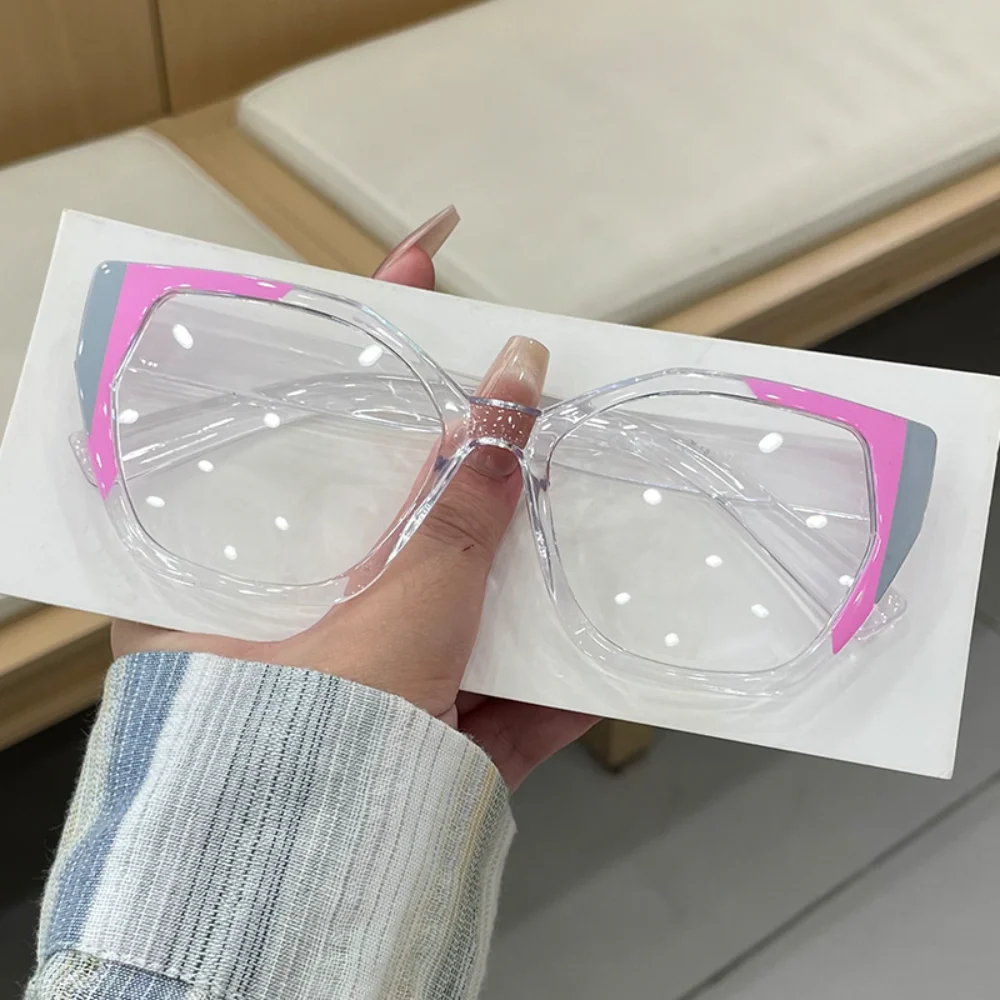 Eye Color Blocking Anti Blue Light Glasses Retro Polygon Large Frame Fashion Glasses Women Plain Spectacles For Daily Outfit
