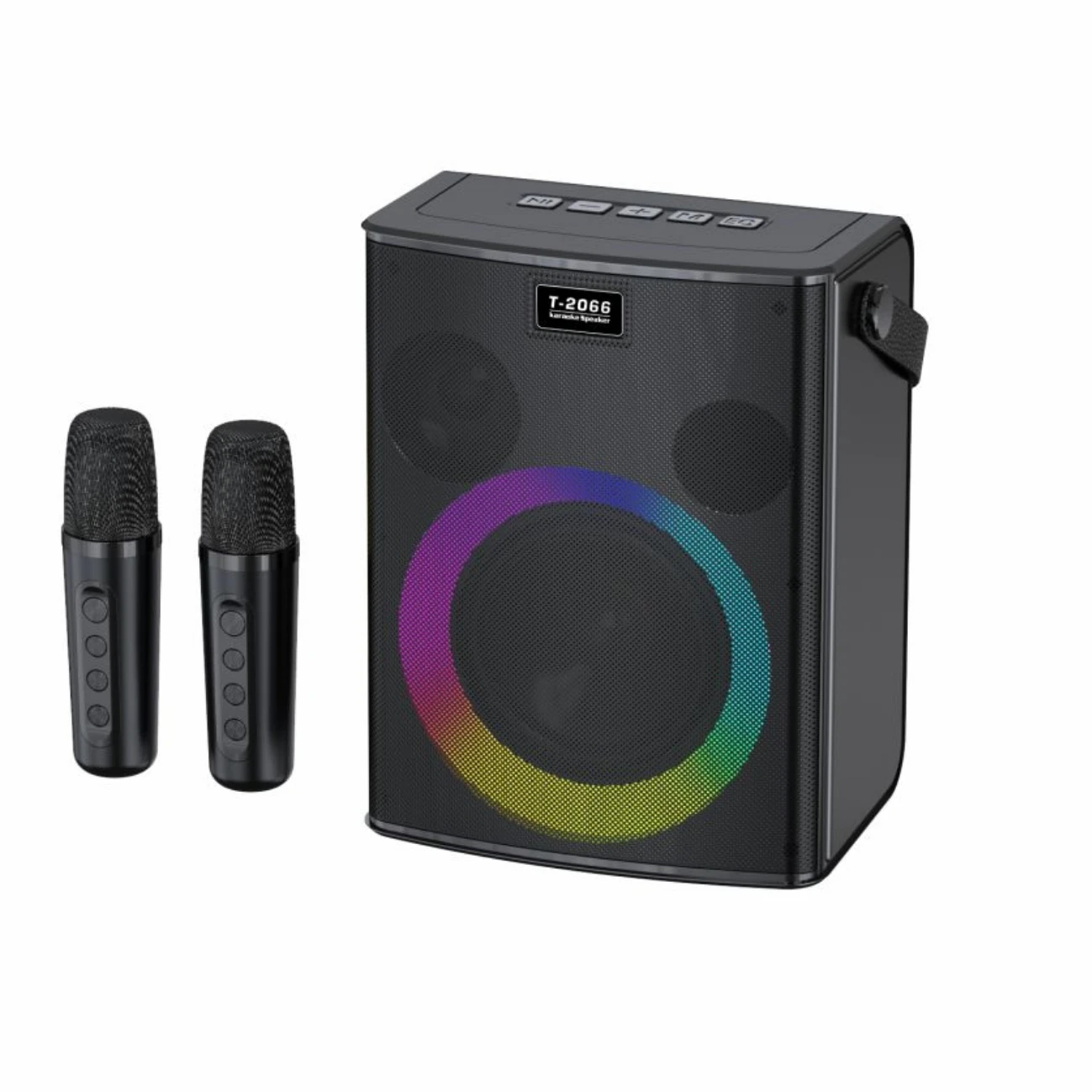 Karaoke machine, portable Bluetooth speaker, super colorful LED lighting effect, 2 wireless microphones and 5 sound effects