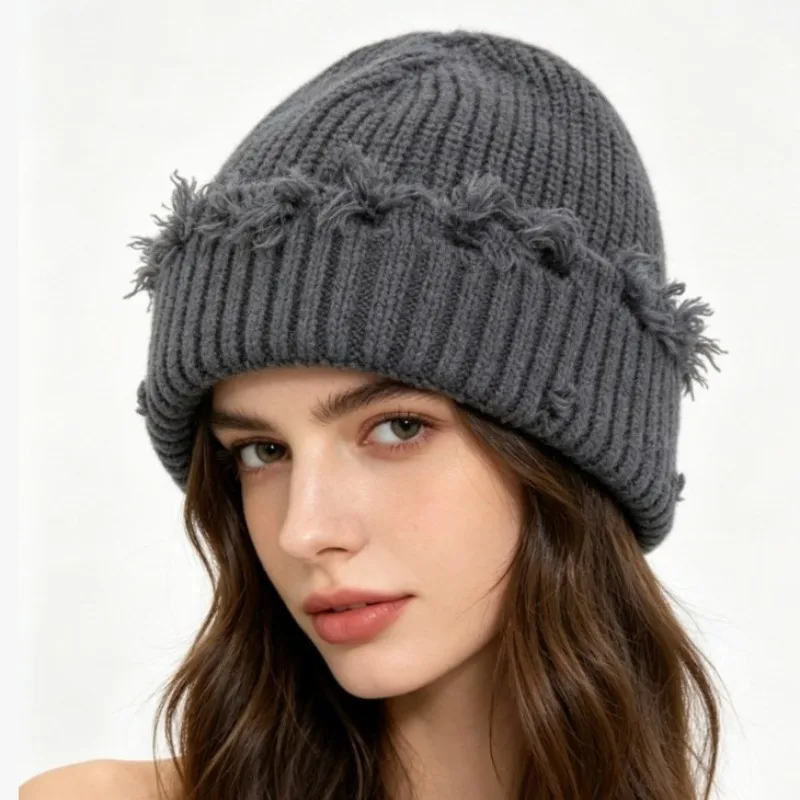 Wool Hat Women Version Rough Edge Crimped Knitted Hat Autumn Winter Warm Ear Protection Pullover Hat Soft Cozy
