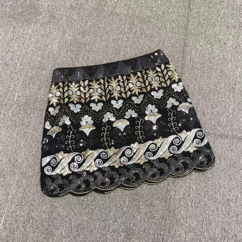 New Luxury Heavy Industry Sequined White Black Short Skirt Elastic Waist Sheath Skirts Popular Women\'s Korean Fashion Clothing
