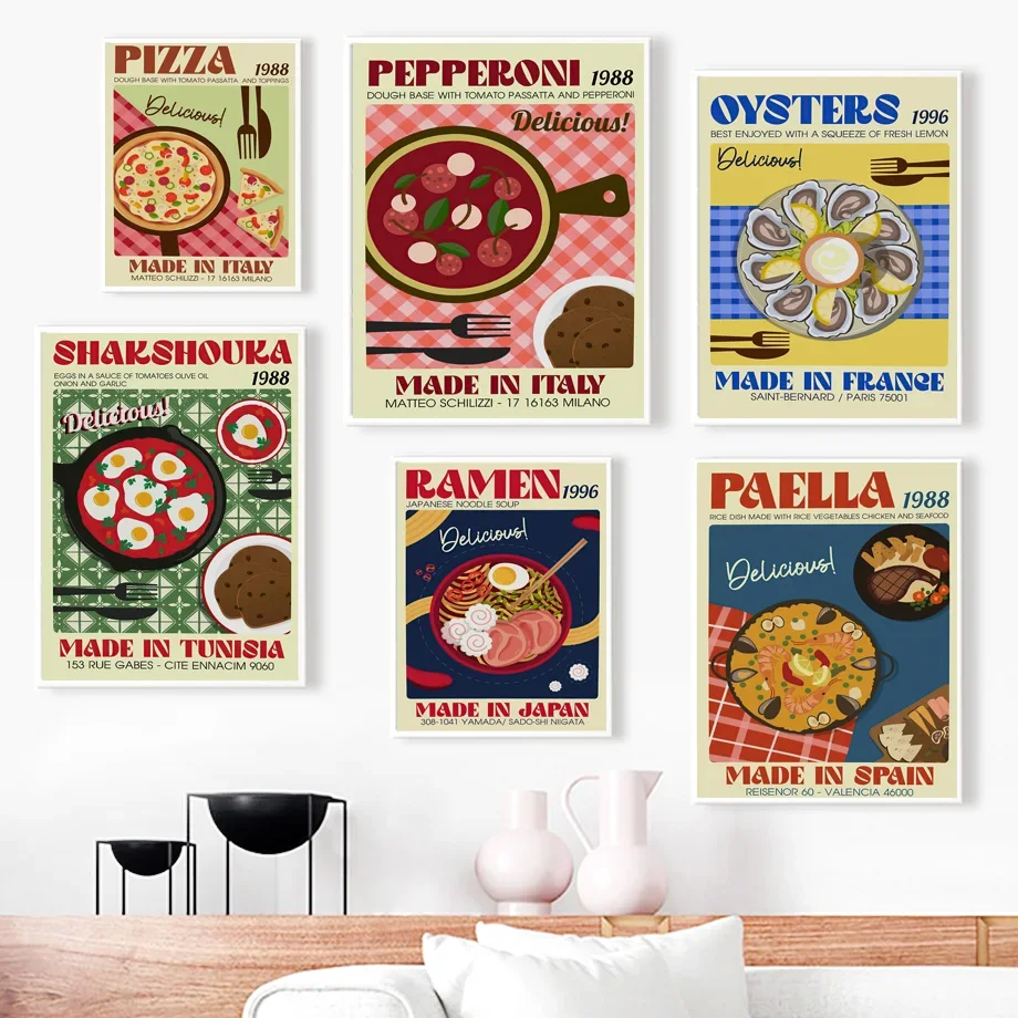 Nordic Pop Wall Art Pizza Italian Sausage Paella Ramen Food HD Canvas Poster Prints Home Bedroom Living Room Decoration