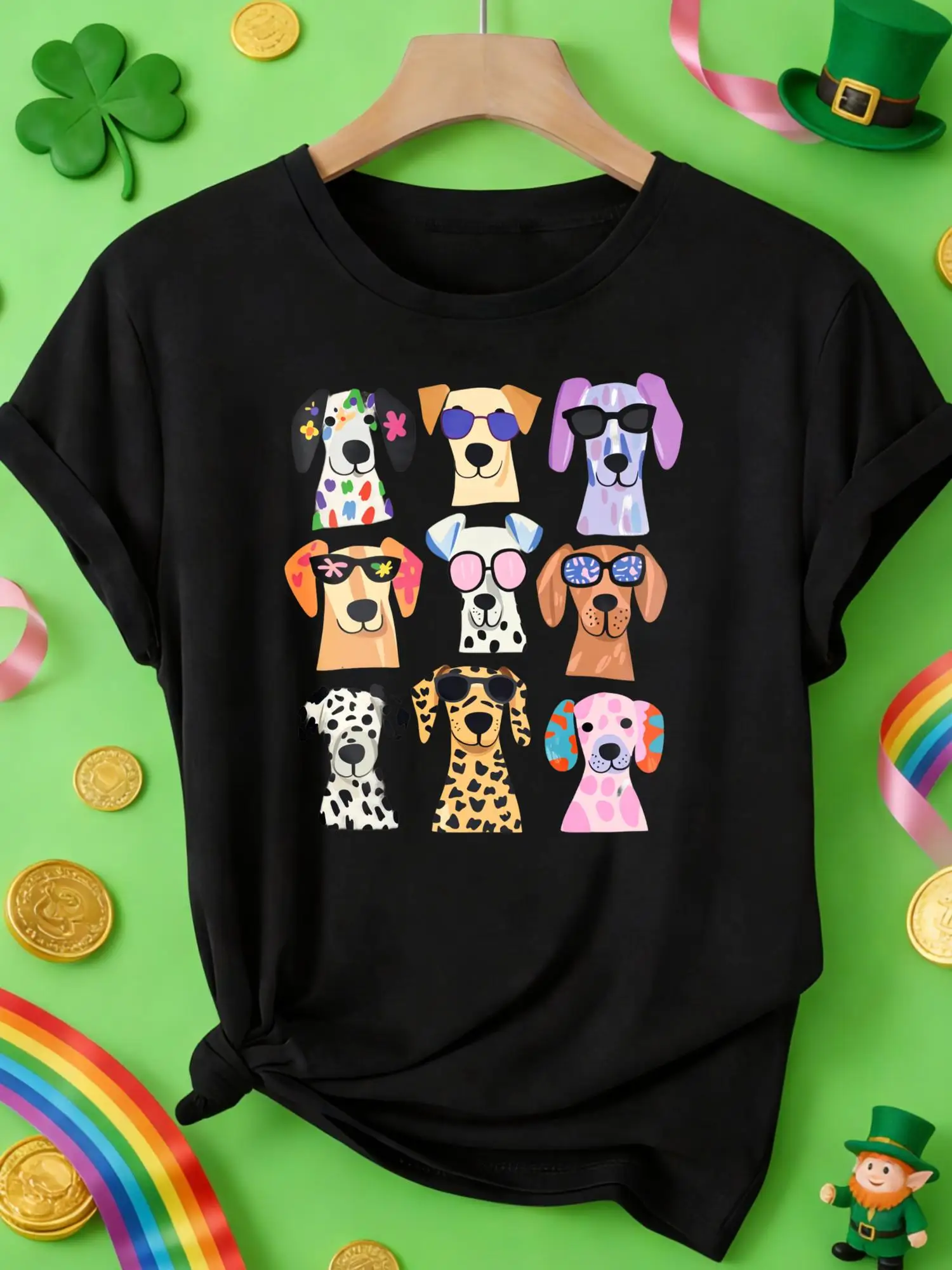 Women's Cartoon Dogs Glasses T-Shirt Crew Neck Short Sleeve T Shirt Colorful Playful Digital Art Tops Clothes Femlae Outfit 90s