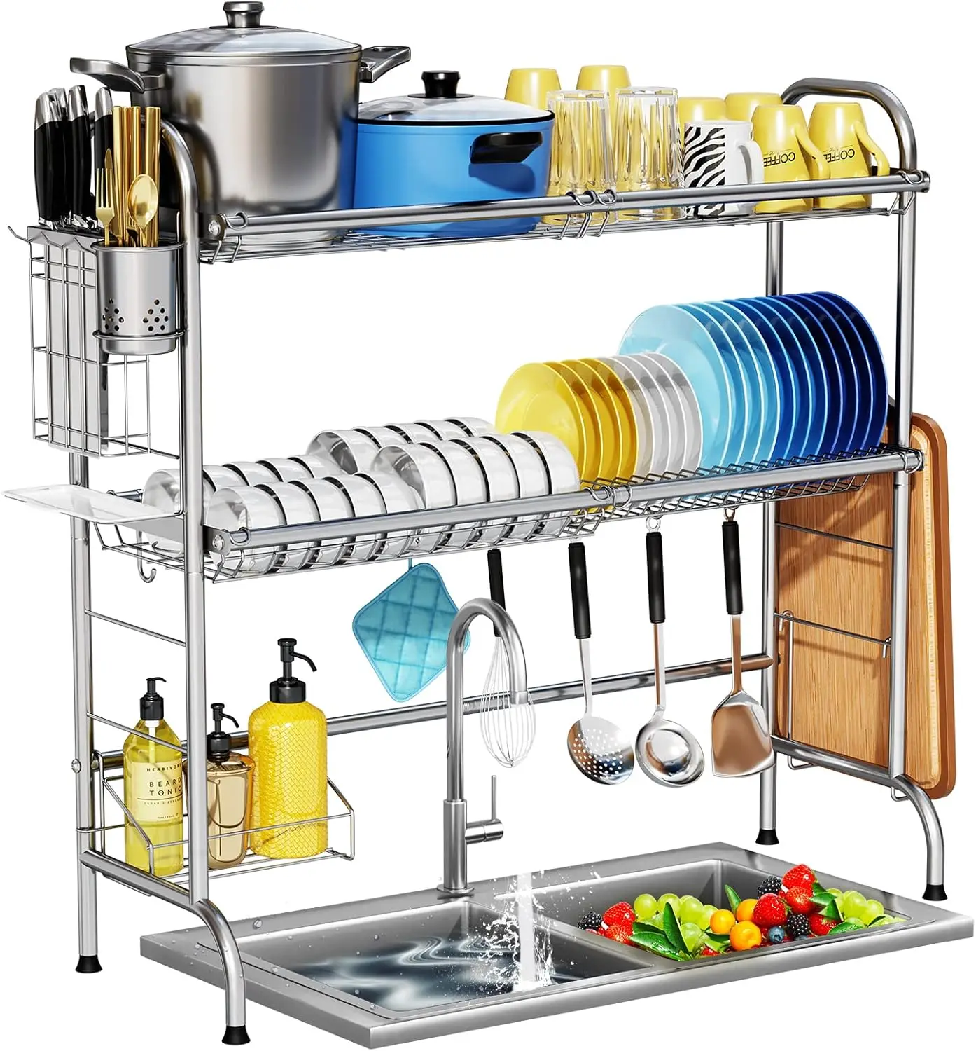 

Stainless Steel 2-Tier Over The Sink Dish Drying Rack with Utensil Holder, Large Kitchen Counter Organizer