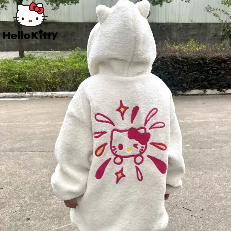 Sanrio Hello Kitty Clothes New Lamb Plush Zipper Top Shirts Hooded Y2k Cute Loose Coat Women Fashion Embroidered Cardigan Hoodie