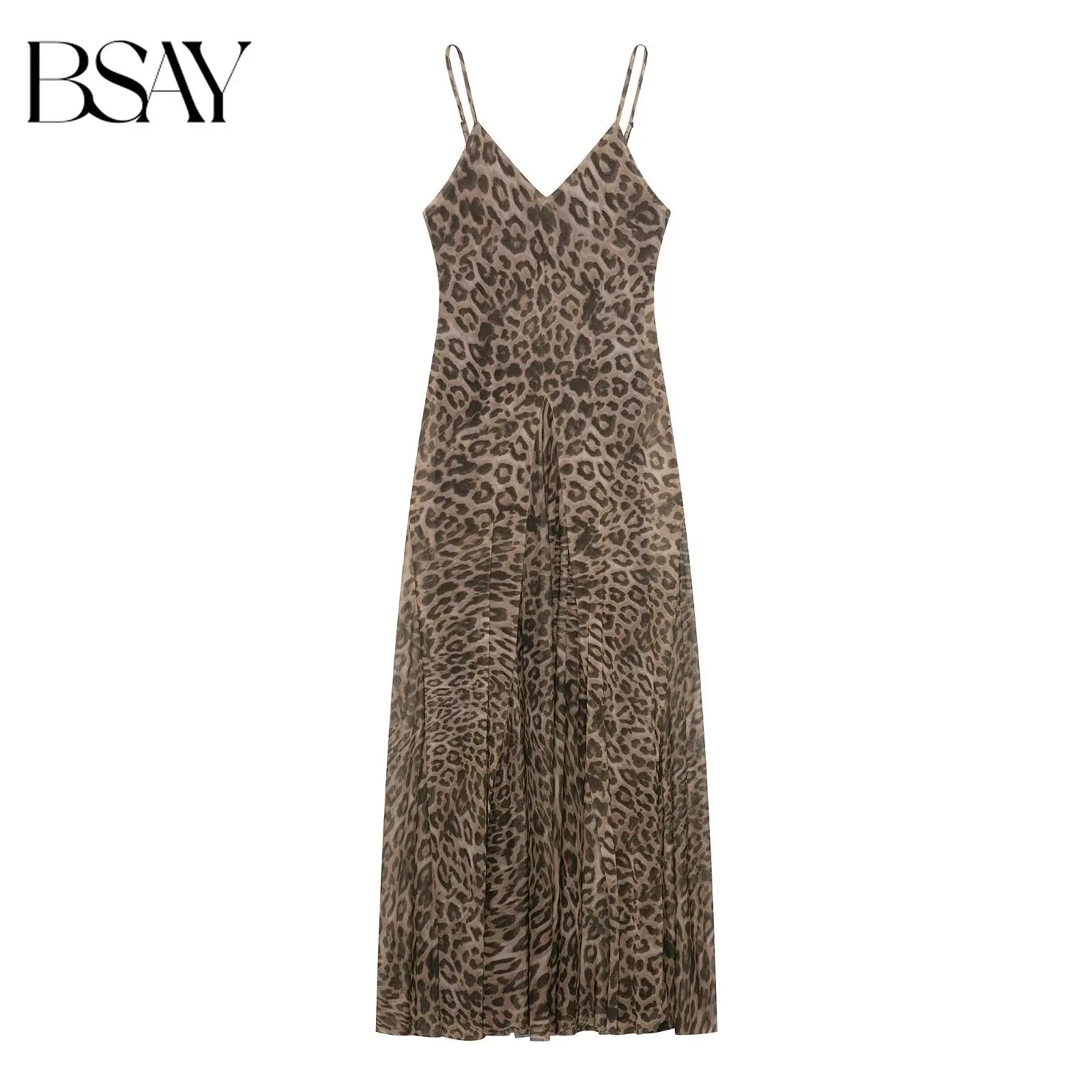 BSAY Vintage-Maxikleid mit Tiermuster für Damen, dünner Träger, V-Ausschnitt, plissiert, fließendes langes Slip-Kleid, elegantes Sommerkleid für den Abend