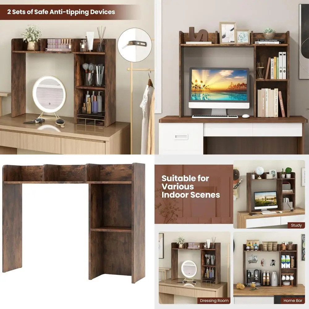 

5-Shelf Rustic Brown Wooden Desk Hutch with Anti-Toppling, Ideal for Study and Office