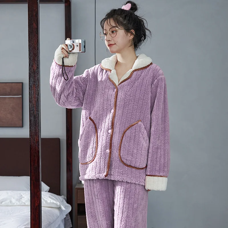 Cardigan Winter Sleepwear for Women 2 Pieces Set Nightwear Long Sleeping Top Pant Flannel Pajamas Young Girl Warm Loungewear