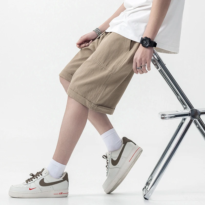 DUKEEN Work Style Shorts Men\'s Summer Loose Casual Pants Elastic Waist Middle Pants Khaki Five Pants Men