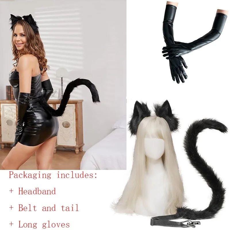 

Cosplay Long Cat Tail and Ears Headband and Tail GLOVES Set 2 PCS/3pcs Pack Costume Accessories