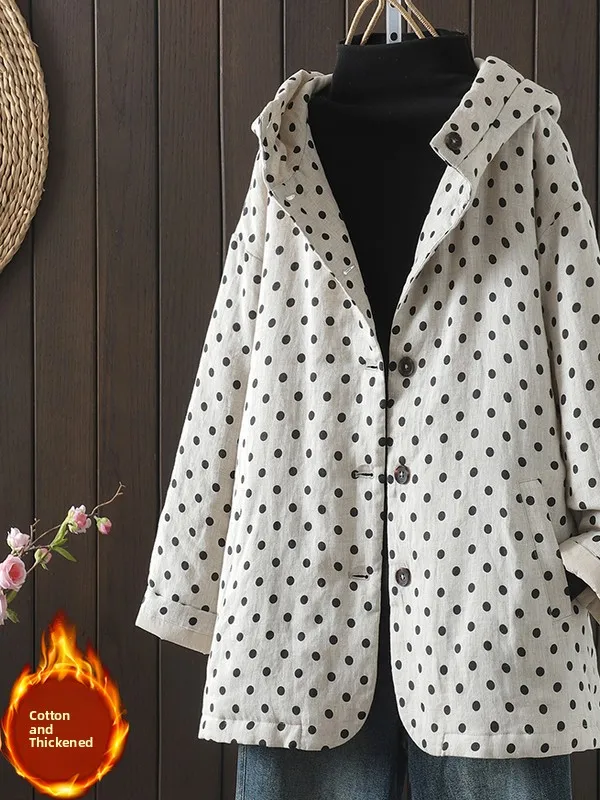 

Thin Cotton lin Collar Coat Korean Sle Loose Fit Long Sve Mid-Length Winter Outerwear Single Button round Dot Pattern