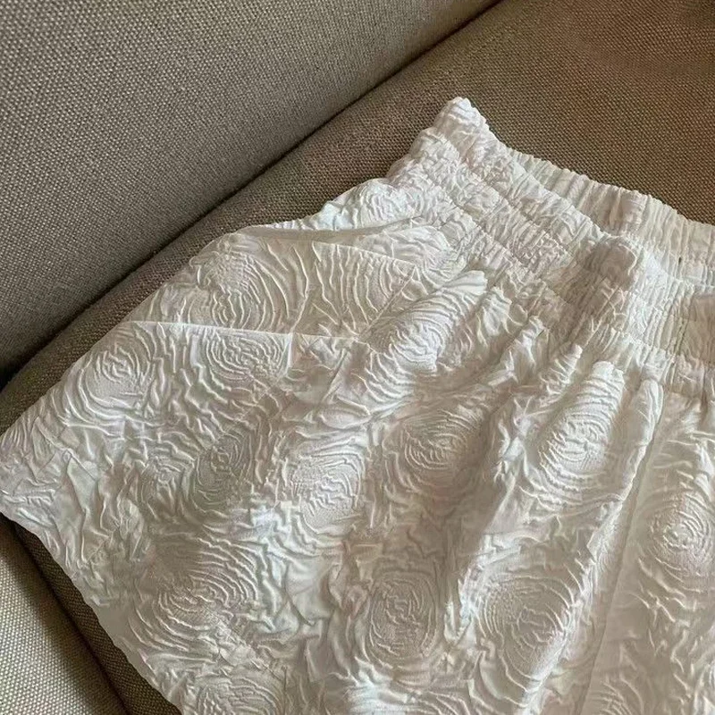 ブラックホワイトジャカードショーツ レディース 2025 夏 ウエストゴム ハイウエスト ポケット ワイドレッグショーツ ストリートウェア ハーフパンツ