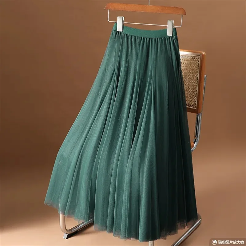 Vintage Tulle Skirt Women Streetwear Elastic High Waist Mesh Pleated Skirts Summer Elegant Korean A Line Office Ladies Skirt New