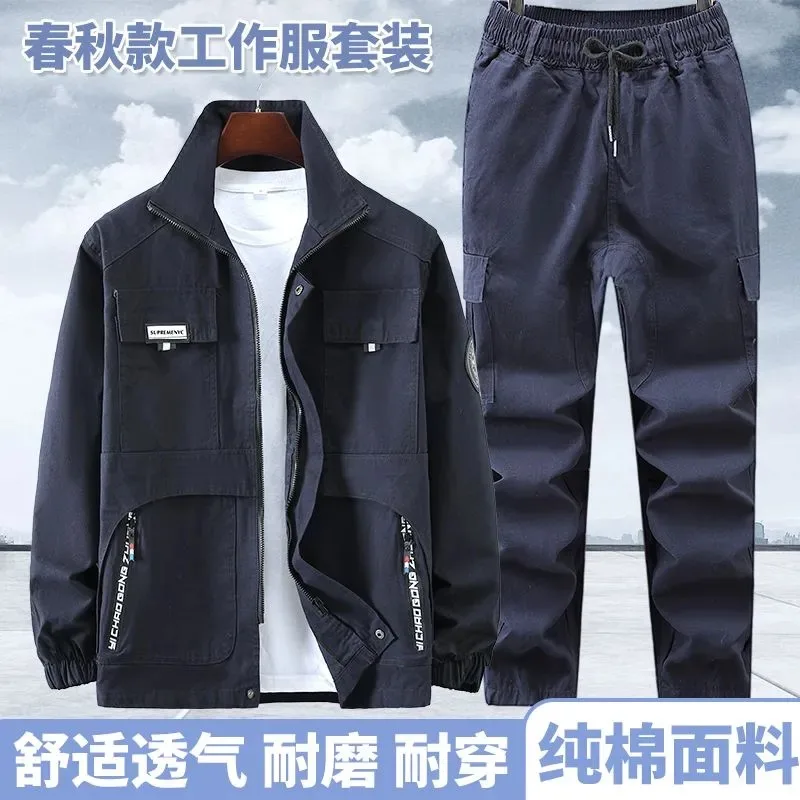 Men Pure Cotton Spring Autumn Workwear Set Heat Resistant Wear Resistant Welding Construction Multi Pocket Labor Uniform Suit