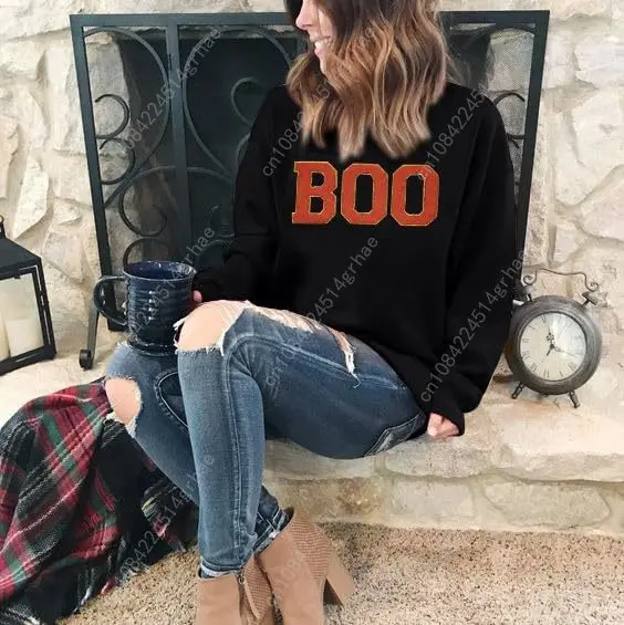 Halloween Sweatshirt voor Dames Boo Geborduurde Truien Schattig Spooky Seizoen Shirt Lange Mouw Herfst Winter Pullover Tops
