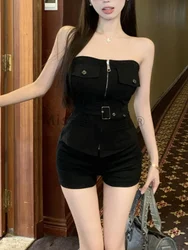 Gothic Grunge Chic Slim Strapless 2 Piece Set Women Fashion Y2k Skinny Zipper Off Shoulder Tops + Sexy High Waist Short Pants