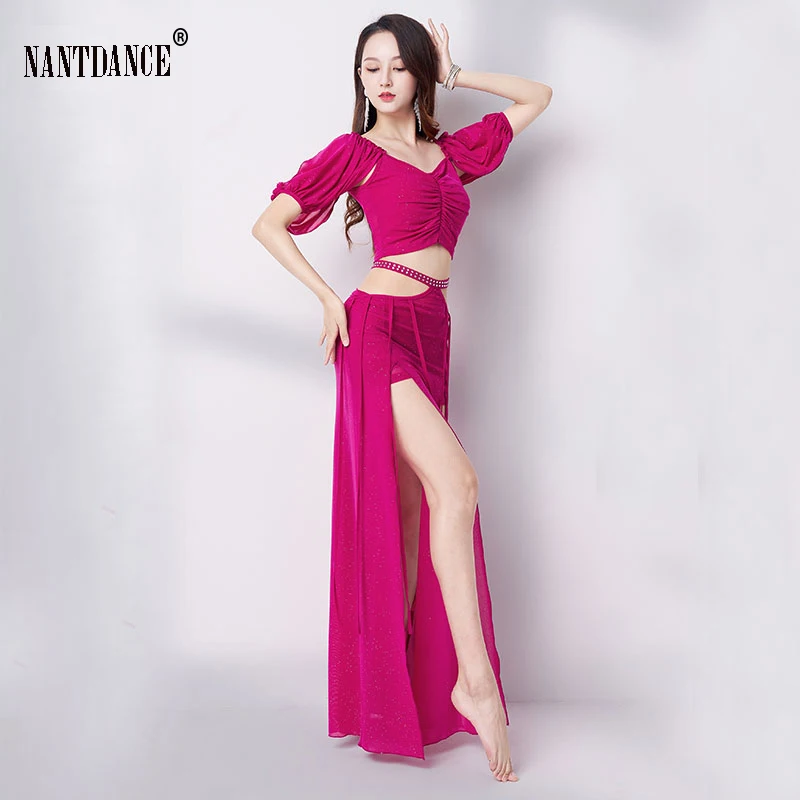 Belly Dance Practice Suit for Women Half Sleeves Top+Long Dress Set Beginner Oriental Dance Suit Performance Team Suit Girl