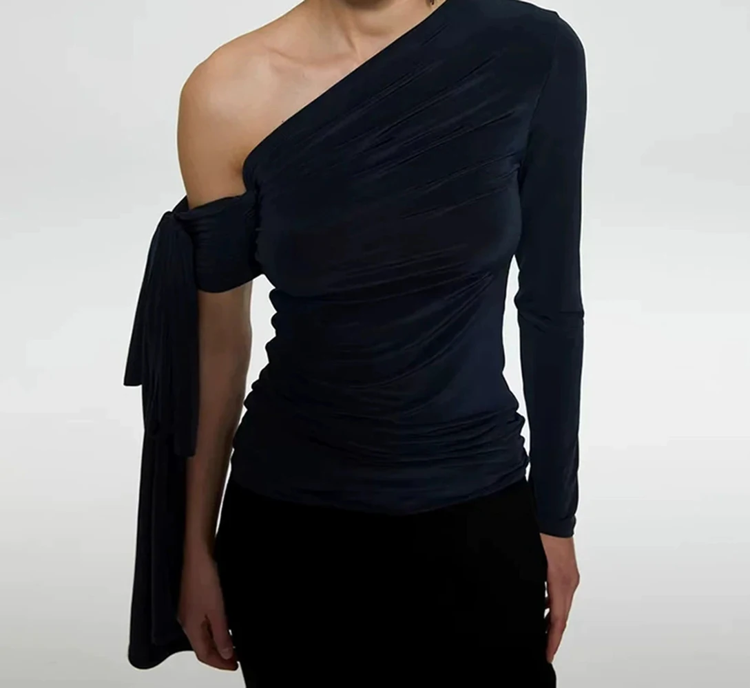 

2025 autumn new French niche oblique collar asymmetrical long sleeve spliced ​​lace top-GZXX953