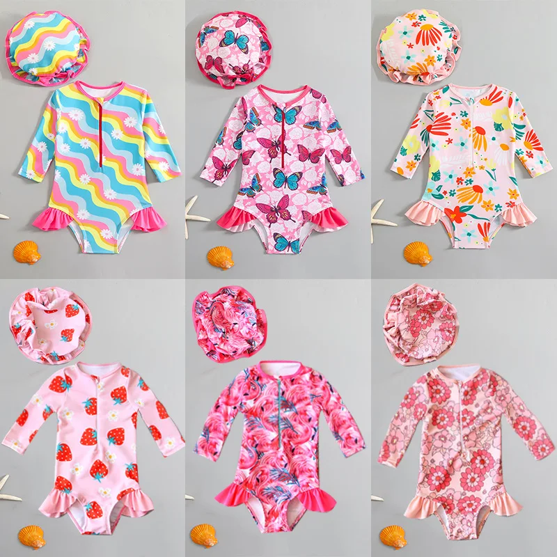 

One-Piece Swimsuit for Girls, Long Sleeve, Quick-Dry, Sun-Protective, Toddler, Infant, Baby Swimwear, Cartoon Swimming Suit for