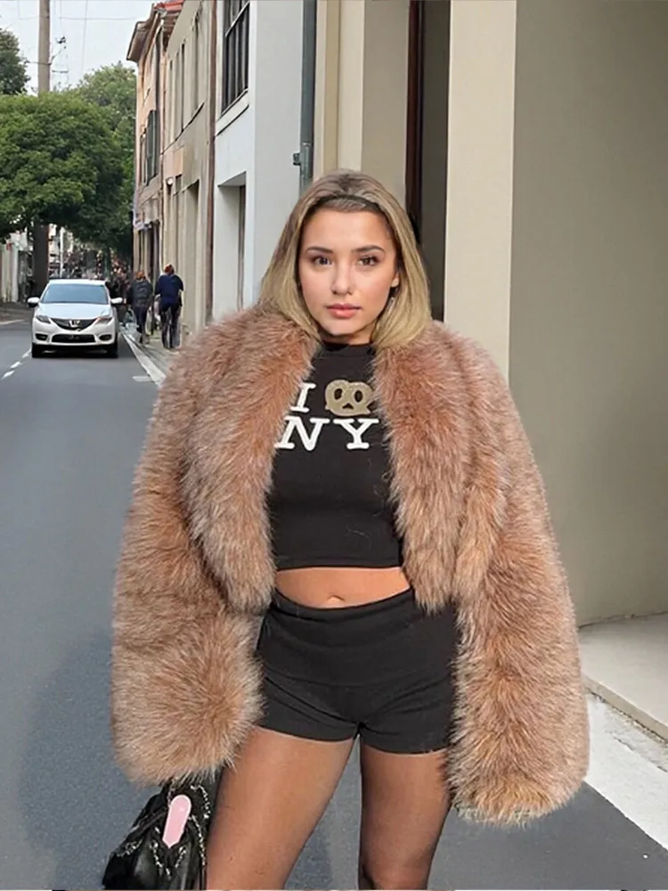 Winter Women's Vintage Fake Fur Coat 2025 New Fashion Round Neck Full Sleeves Coats Daily Commuting Thicken Fur Warm Outerwears