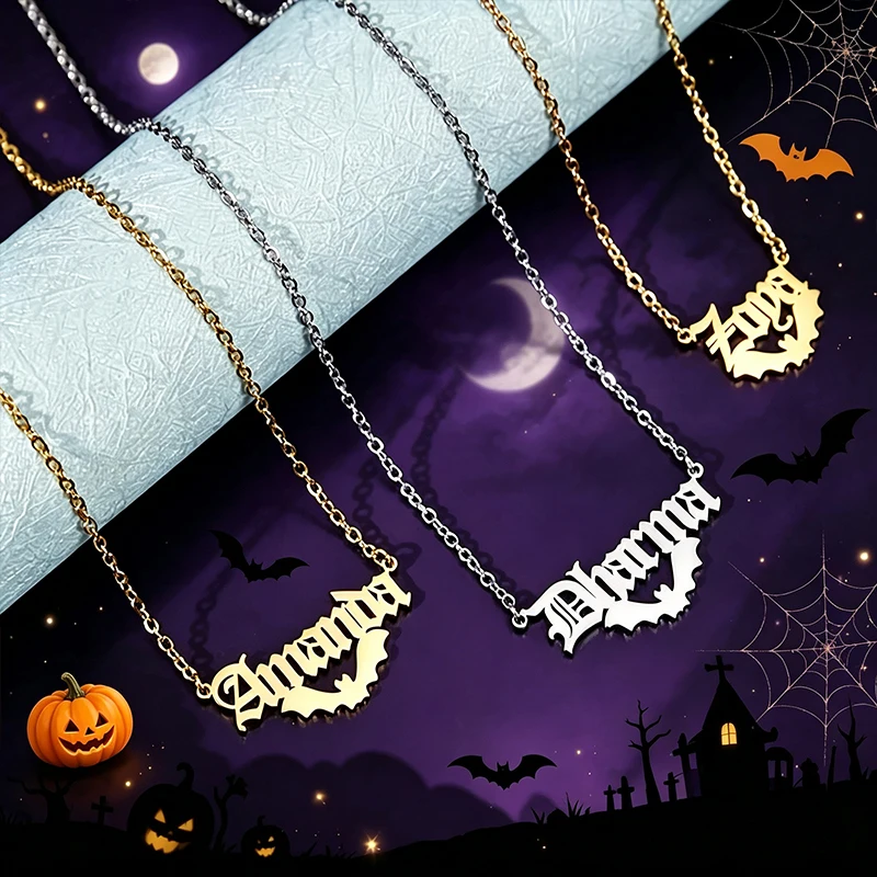 Custom Bat Name Necklace Personalized Stainless Steel Women Halloween Bat Wing Gothic Style Name Necklace Gift For Girlfriend