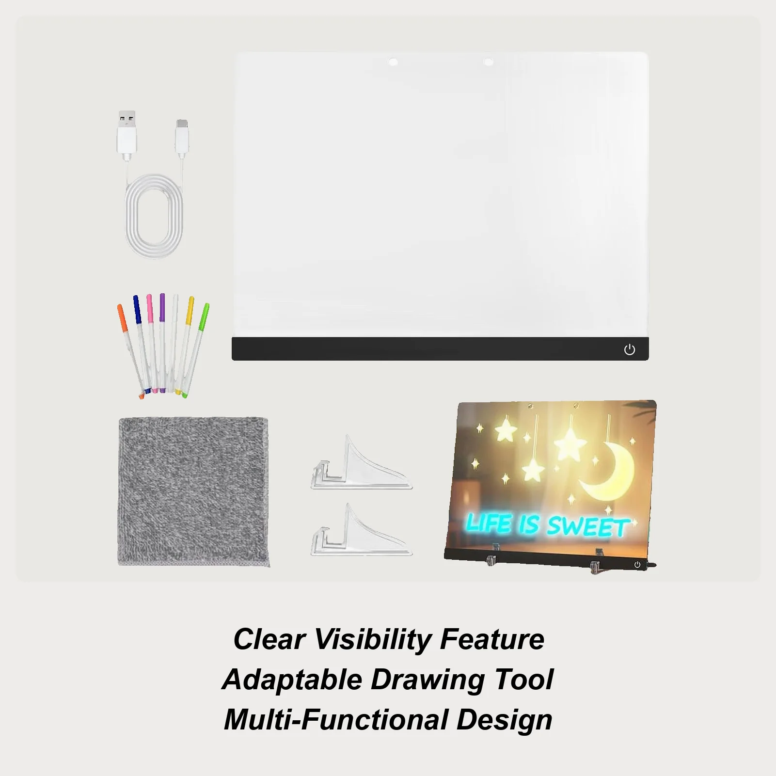 USB Rechargeable LED Light Up Writing Board Dry Erase Acrylic Note Pad with Stand 7 Color Pens for Memo Planner Bulletin Board