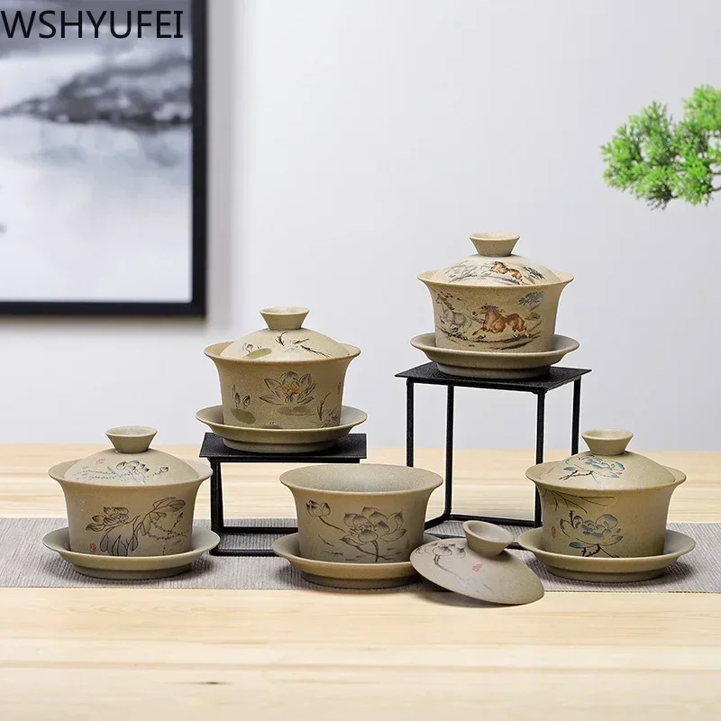 WSHYUFEI Jingdezhen ceramic Gaiwan bowl Chinese style Stoneware retro tea set Handmade Bubble tea bowl Travel Tea cup 150ml