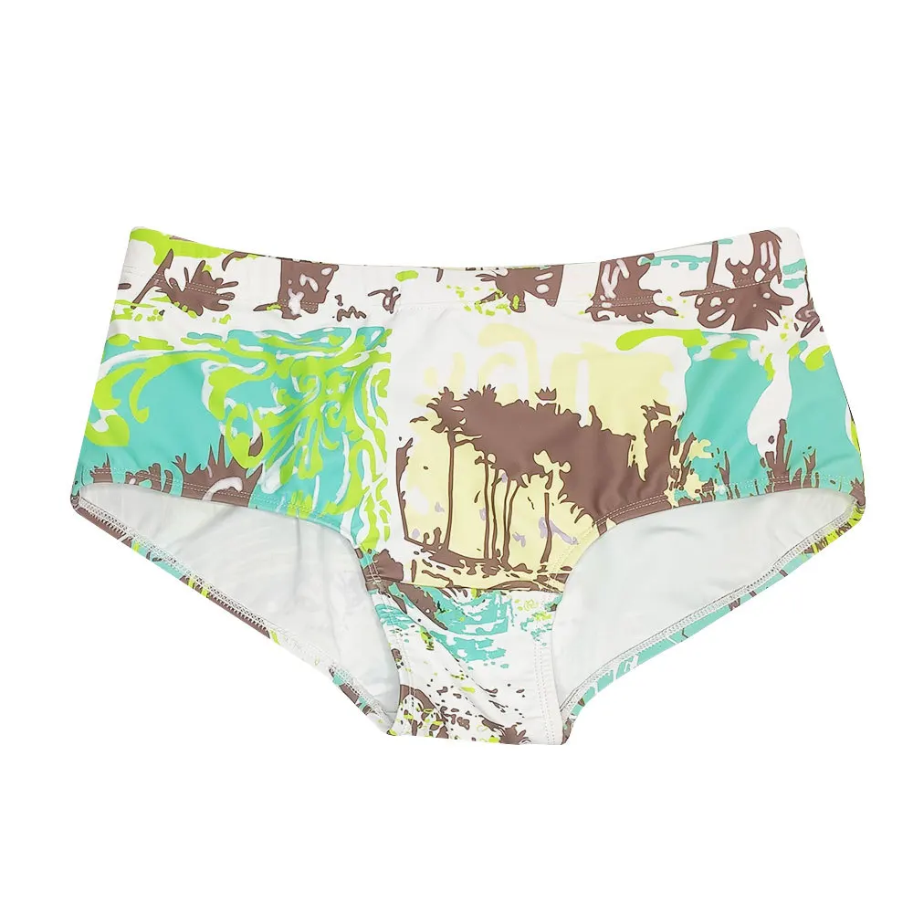 Men's shorts gray-green island coconut tree casual small boxer belt cup U convex sexy swimming pants