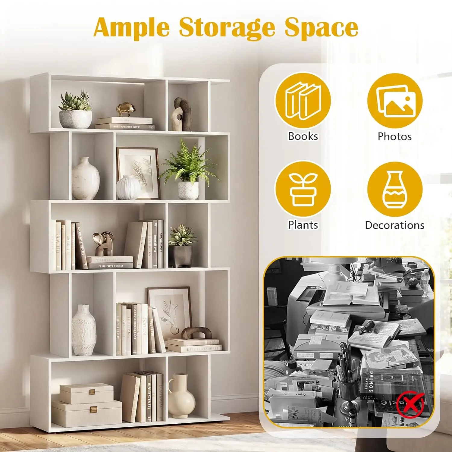 5-Tier Geometric Bookshelf w/Anti-tip Kit 5 Cubbies 62