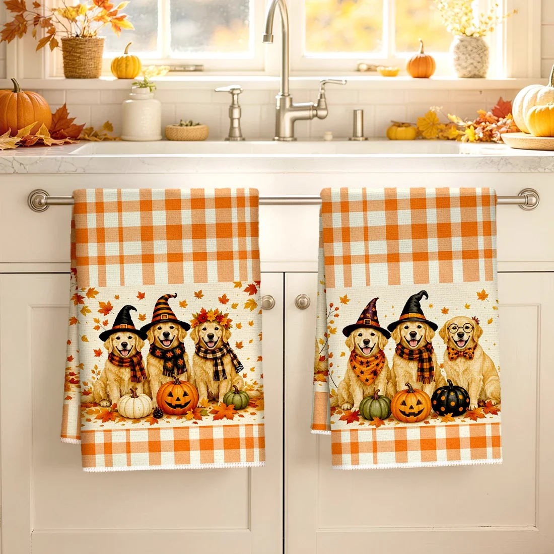 2pcs Set Kitchen Towels Halloween Golden Retriever Puppy Hand Towels Christmas Decorations For Home Noel Dish Towels Gifts