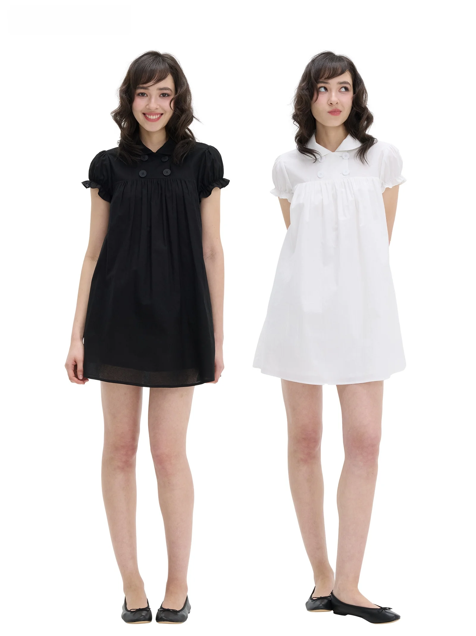 

Veryrareme 【Vine Sister】Raysel Linen Doll Collar Bubble Sleeve Dress Cute Style Short Sleeve Loose Fit Casual Dress
