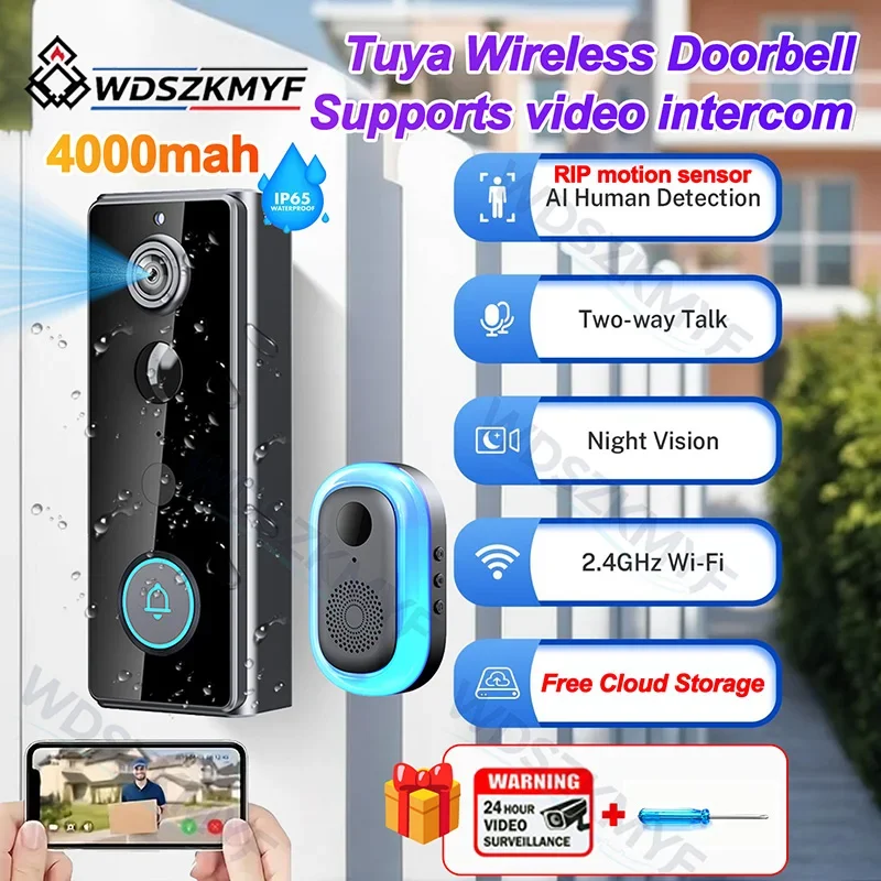 WiFi Wireless Bell Video Doorbell with 4000mAh Battery Tuya APP Smart Intercom Camera IP65 Waterproof Ring Bell With Gift