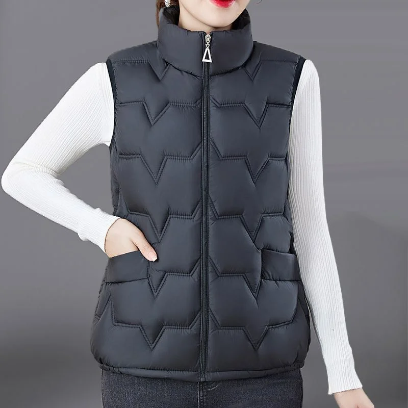 Fashion Women Down Cotton Jackets Vests Solid Stand Collar Zipper Cardigan Thicken Autumn Winter Warm Casual Sleeveless Coats