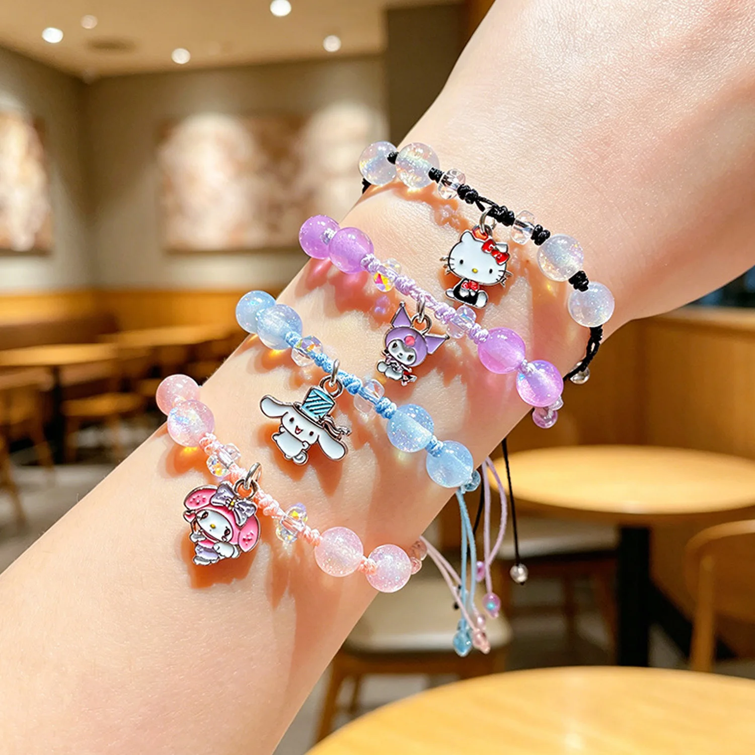 Kuromi Cinnamoroll Braided Beaded Wrist Ornament Glitter Crackle Beads Hand‑woven Craft For Girls Daily Decoration Holiday Gift