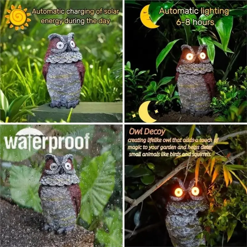 ABUG-Garden Outdoor Figurine Light Decor Solar Owl Statue Resin Sculpture Spring Mounted Wobbly Head Glowing Decoration