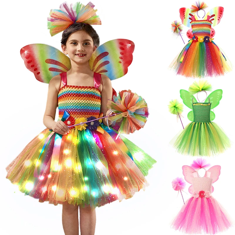 Rainbow Tutu Butterfly Fairy Dress for Girls Halloween Cosplay Elf Princess Birthday Party Dance Stage Play Performance Costume