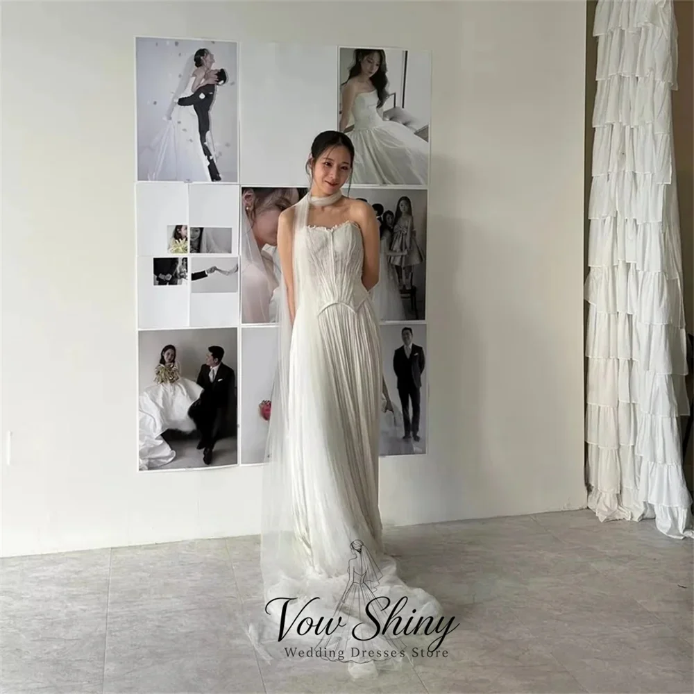 Vow Shiny Simple Strapless A-Line Korea Wedding Dress Photo Shoot Pleated Chiffon Garden Bridal Gown Customized 2027 웨딩드레스