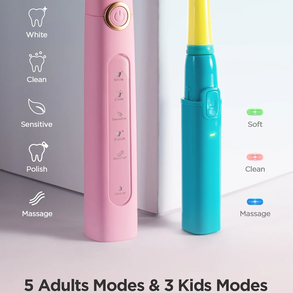 Fairywill 2001 Family Kids Sonic Electric Toothbrush Rechargeable Soft Tongue Cleaner Smart Timer and 3 Modes 4 Hours Charge