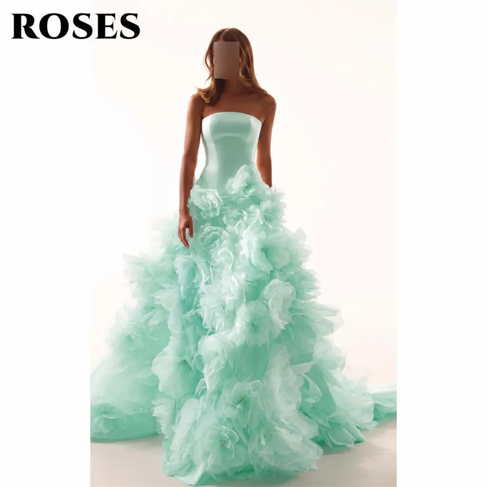 ROSES Mint Green Prom Dresses Strapless A-line Evening Dresses 3D Organza Floral Ruffle Party Dress Robe De Soirée Customized
