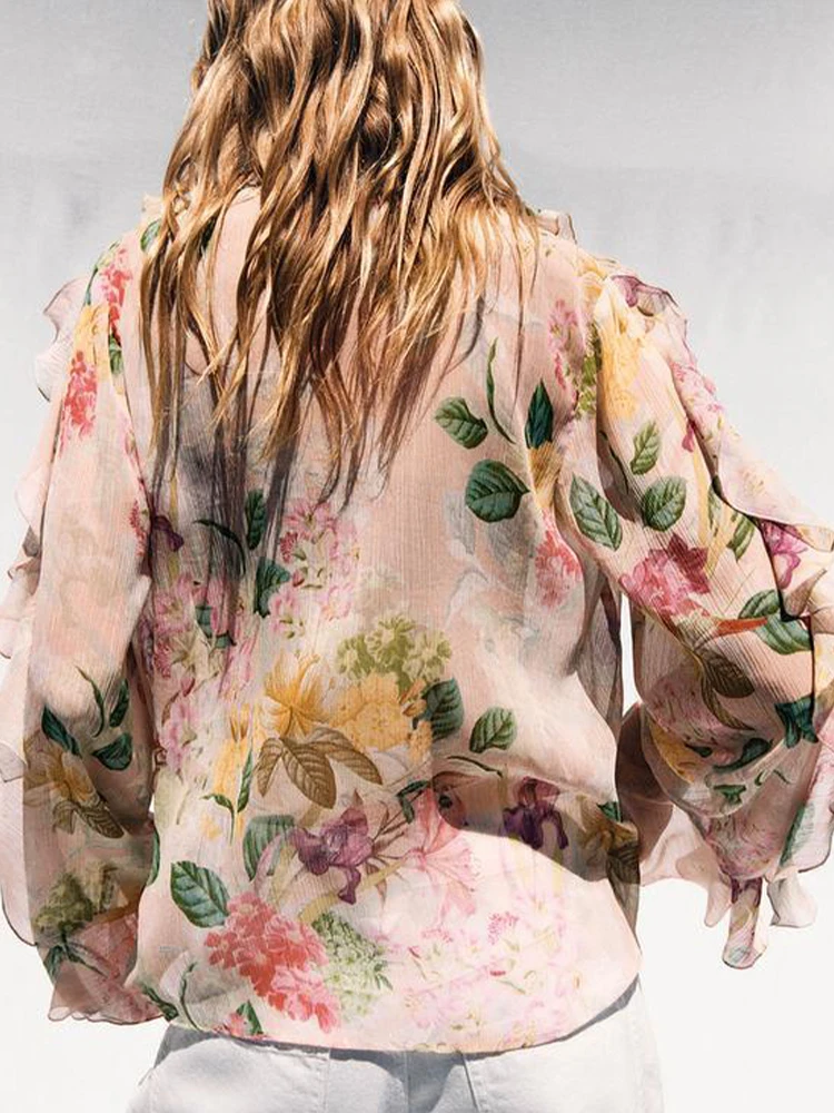 Ropa de verano de estilo europeo y americano para mujer, camisa de manga larga con decoración en capas y estampado de flores versátil, nuevo estilo