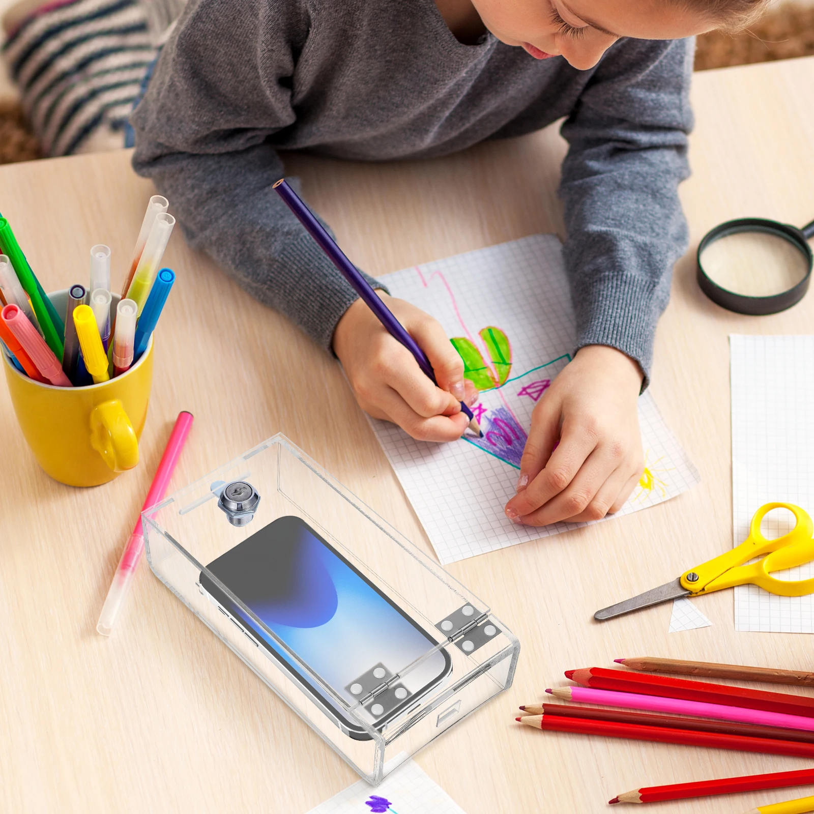 Employee Phone Storage Box Transparent Case Office Supplies Random Key Screw Locking Box for Office Use