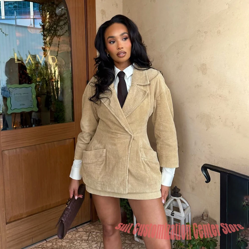 Beige Women's Corduroy Jacket & Mini Skirt Set 2Piece Suit Smart-Casual Streetwear Daily Business Office Lady Outerwears