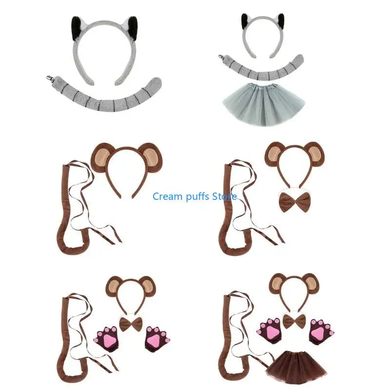 50LE Monkey Costume Monkey Ear Headband Tail Bowtie Glove and Skirt Halloween Lemur Dress up Outfit for Kid Halloween Cosplay