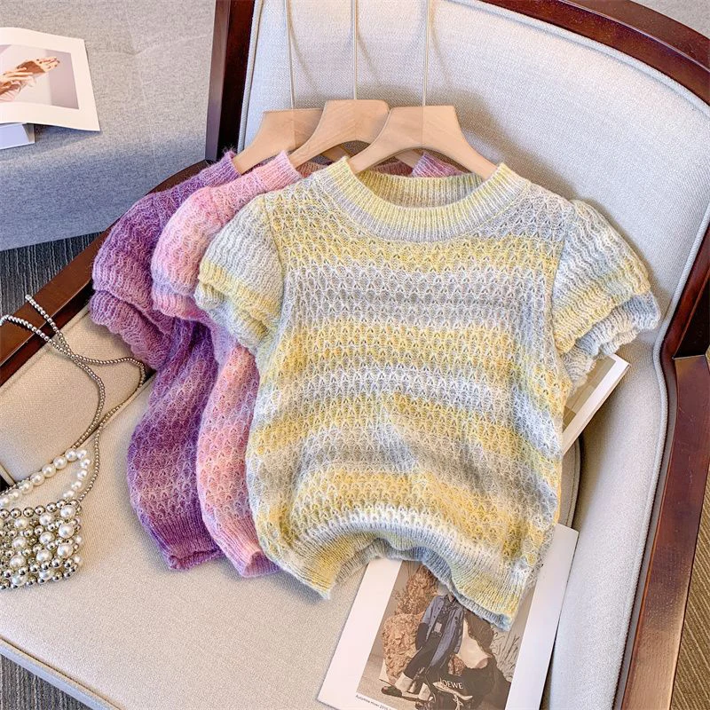 Summer Rainbow O Neck Short Sleeve Women Knitted Pullovers Fashion Harajuku Casual Sweet Oversized Clothing T Shirts Pink Dating