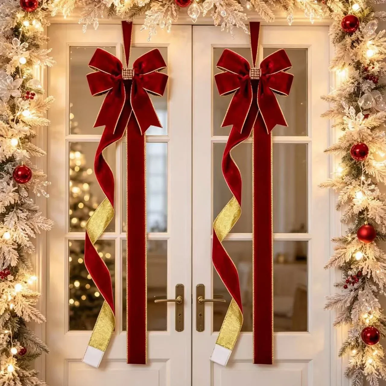 2M Christmas Large Velvet Red Bow Front Door Hanging Decor Window Cabinet DIY Xmas Gift  Bow for Wedding New Year Ribbon Bow