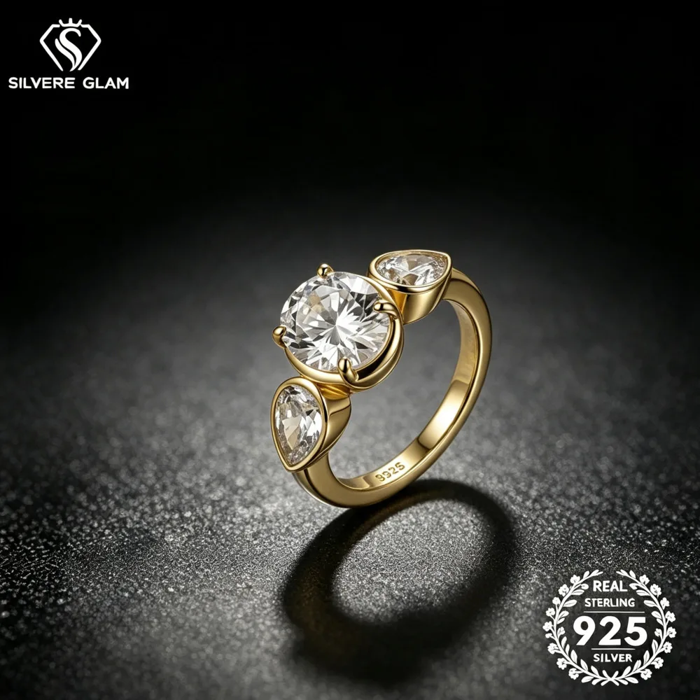 S925 Sterling Silver ThreeStone Pear Round Moissanite Ring D VVS1 Mixed Bezel Prong Setting Curved Band Women Wedding Jewelry