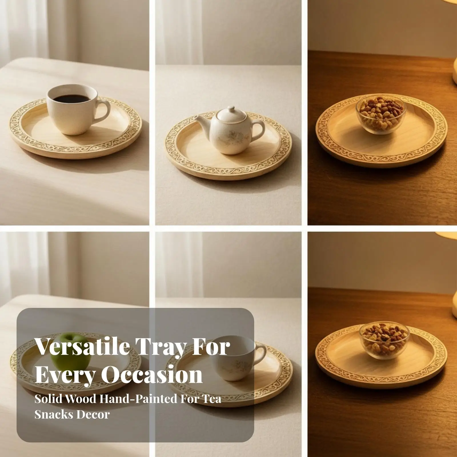 Wooden Decorative Plate Tray with Floral Carved Border for Serving Sweets and Drinks Elegant Home Accent