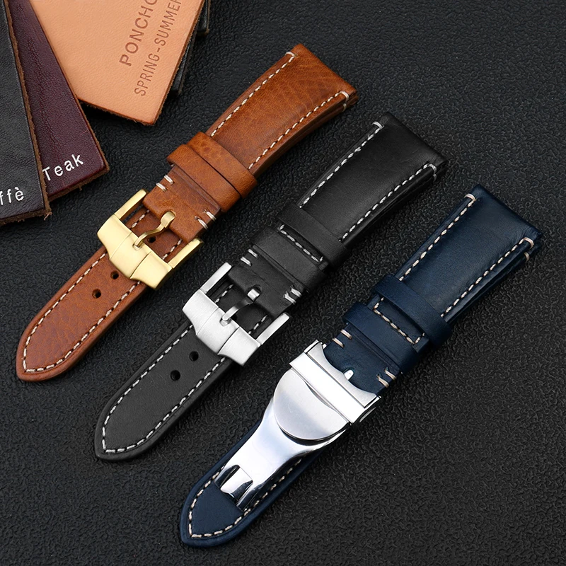 22mm Italian Leather Watchband For Tudor Citizen Tissot Bronze Black Shield Watch Strap with Folding Buckle Bracelet Blue Brown