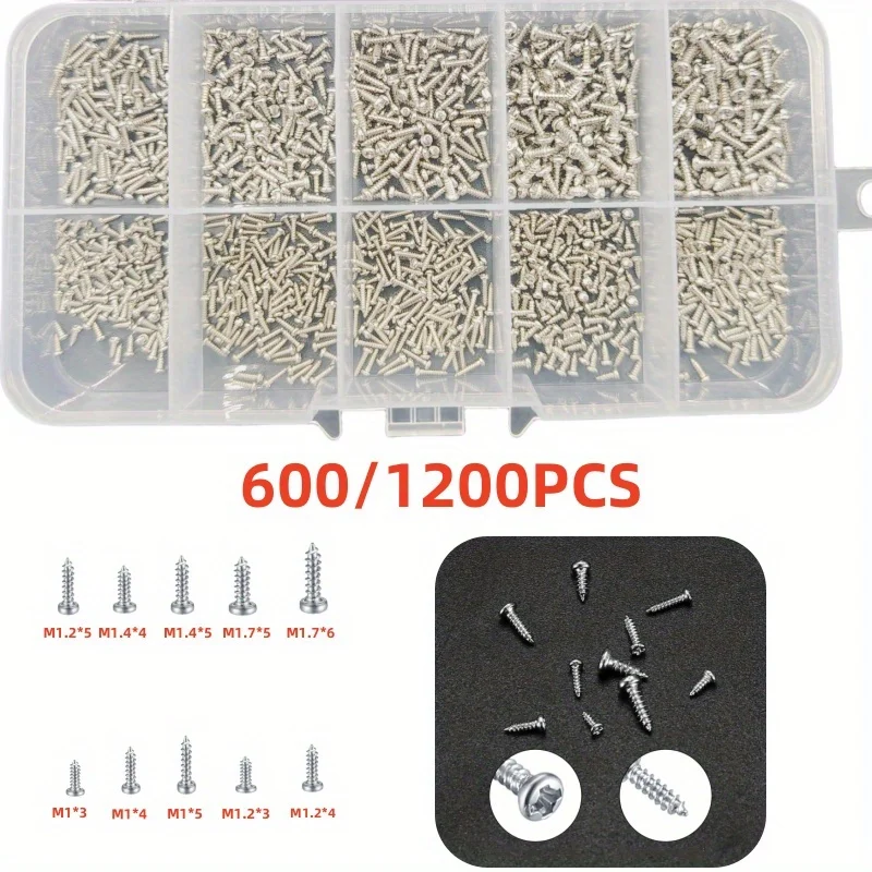 600/1200 zestawów Miniaturowe wkręty samogwintujące, zestaw miniaturowych wkrętów metalowych z łbem krzyżowym